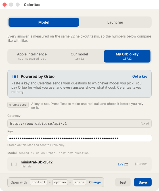Settings, the model page